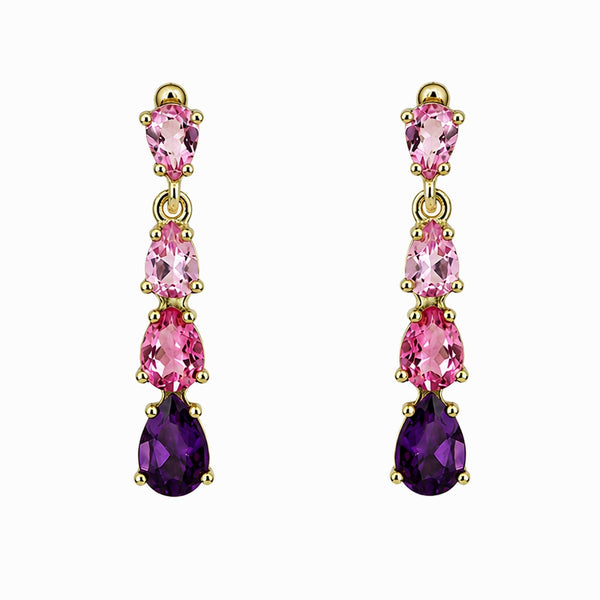 9ct yellow gold pink tourmaline & amethyst 4 stone drop earrings