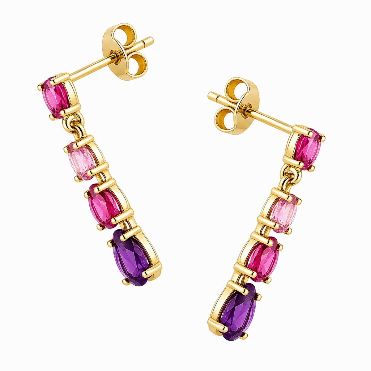 9ct yellow gold pink tourmaline & amethyst 4 stone drop earrings