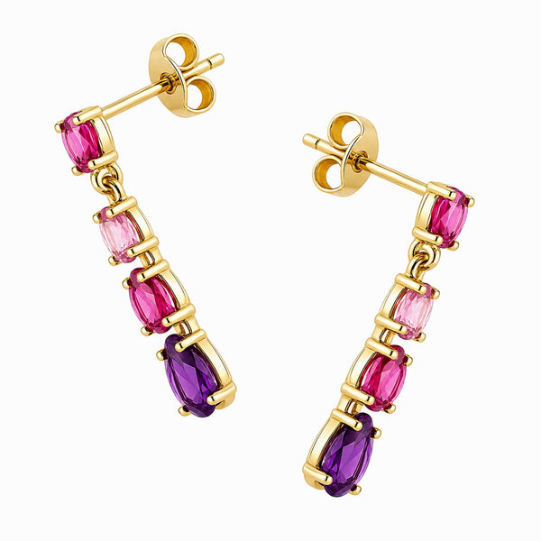 9ct yellow gold pink tourmaline & amethyst 4 stone drop earrings