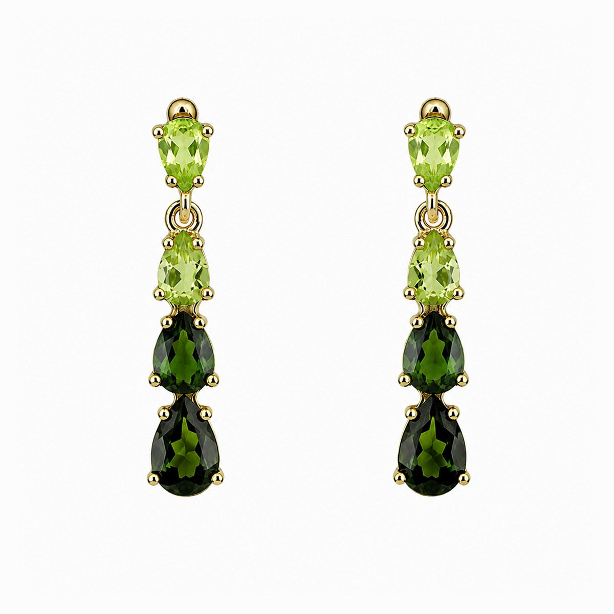 9ct yellow gold peridot & green tourmaline 4 stone drop earrings