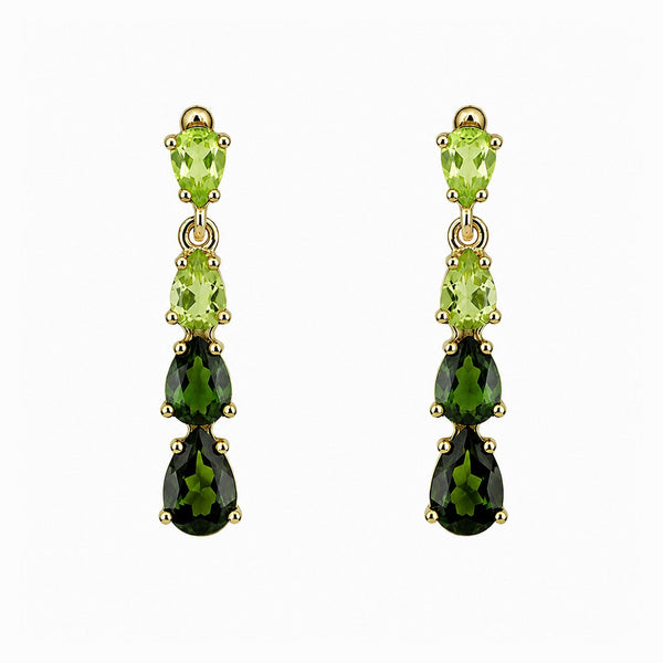 9ct yellow gold peridot & green tourmaline 4 stone drop earrings