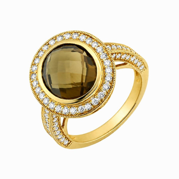 18ct yellow gold 4.47ct whiskey quartz & 0.60ct diamond ring
