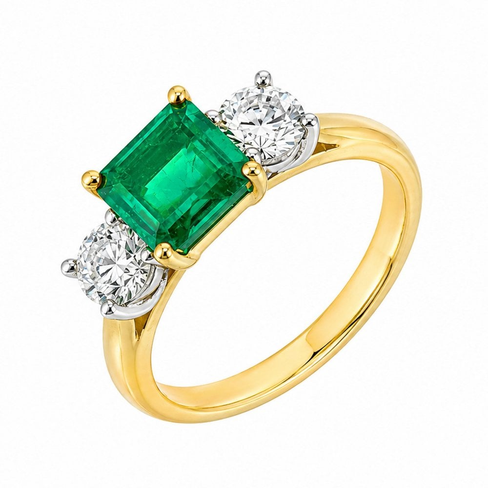 18ct yellow gold 1.25ct emerald 0.83ct GIA diamond 3 stone ring