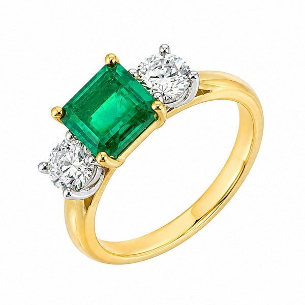 18ct yellow gold 1.25ct emerald 0.83ct GIA diamond 3 stone ring