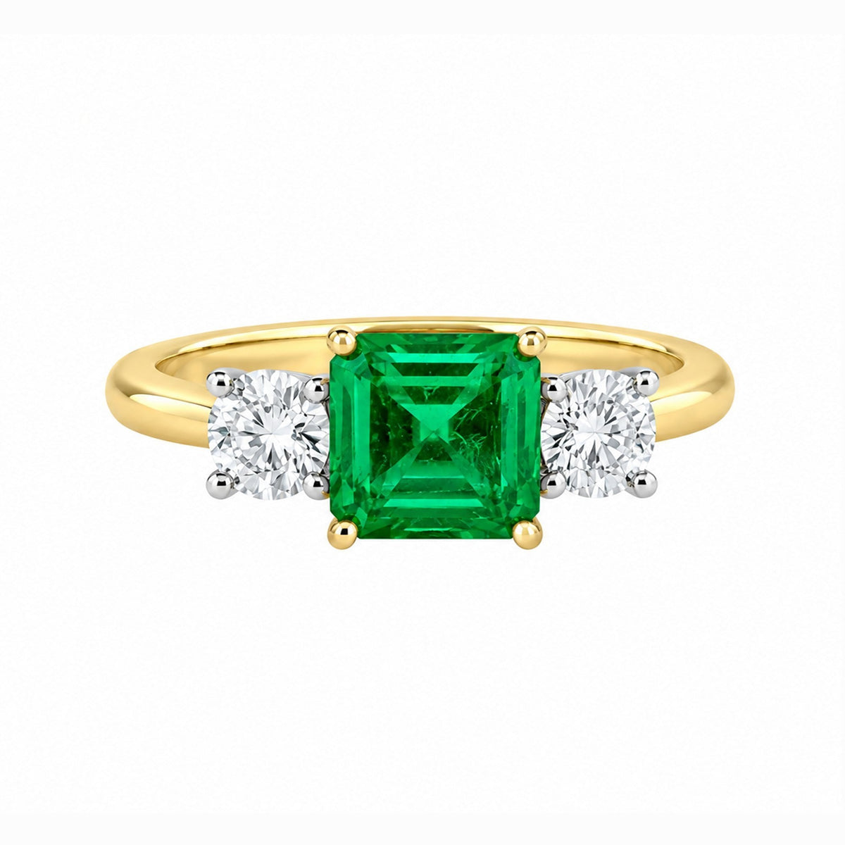 18ct yellow gold 1.25ct emerald 0.83ct GIA diamond 3 stone ring