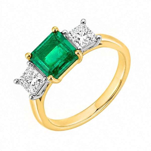18ct yellow gold 1.36ct emerald 0.84ct GIA diamond 3 stone ring