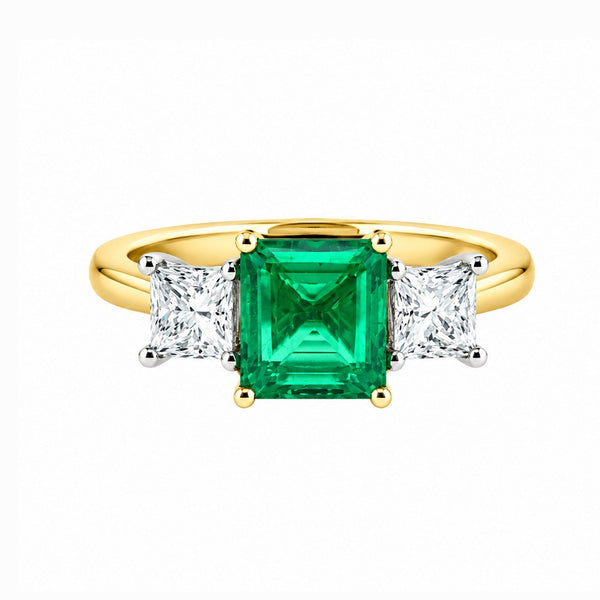 18ct yellow gold 1.36ct emerald 0.84ct GIA diamond 3 stone ring