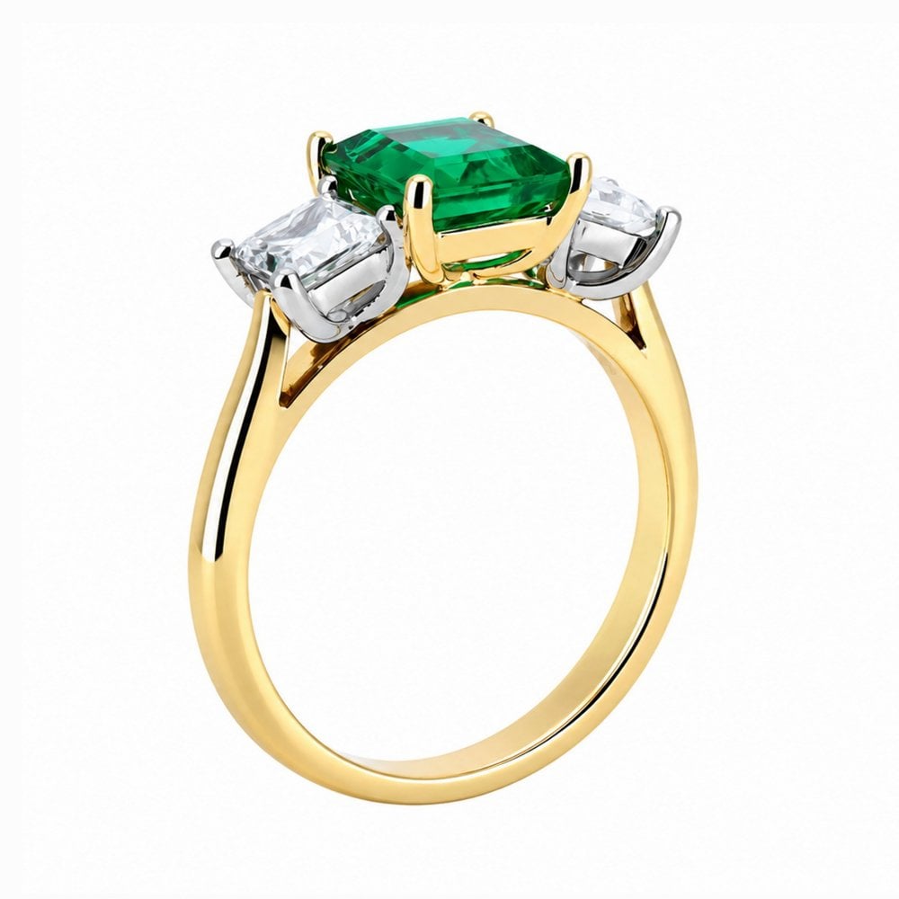 18ct yellow gold 1.36ct emerald 0.84ct GIA diamond 3 stone ring