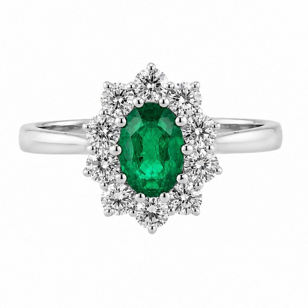 Platinum 0.81ct emerald & 0.60ct diamond cluster ring