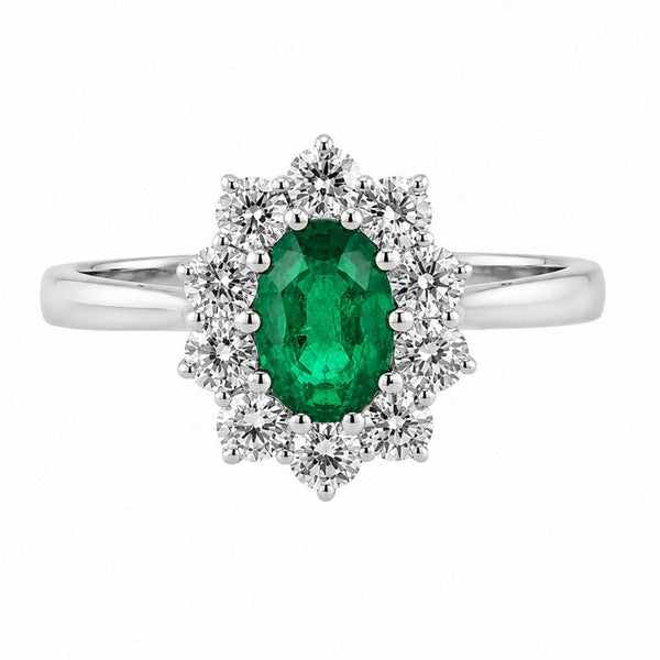 Platinum 0.81ct emerald & 0.60ct diamond cluster ring