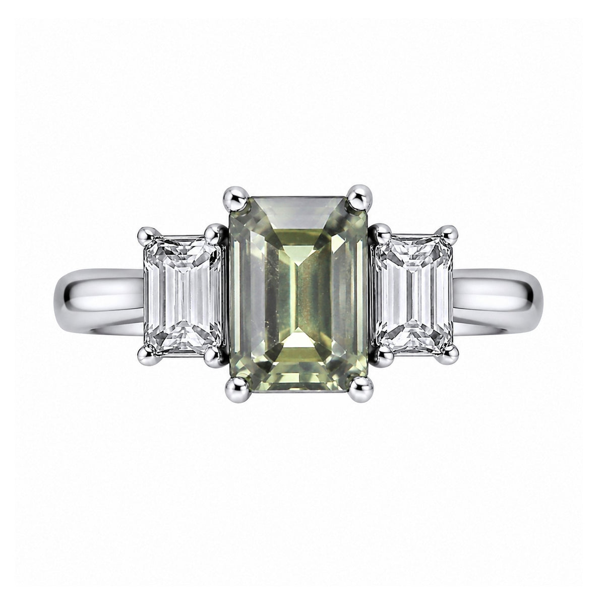 Platinum 1.71ct green sapphire 0.80ct diamond 3 stone ring