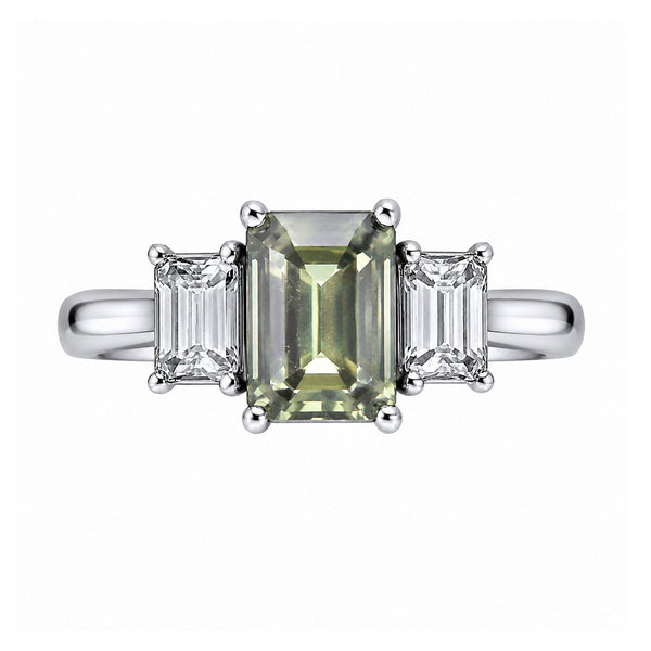 Platinum 1.71ct green sapphire 0.80ct diamond 3 stone ring