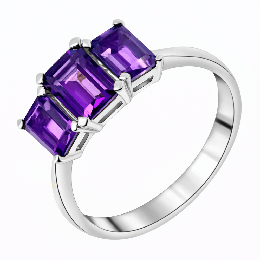 Platinum graduated emerald cut amethyst 3 stone ring