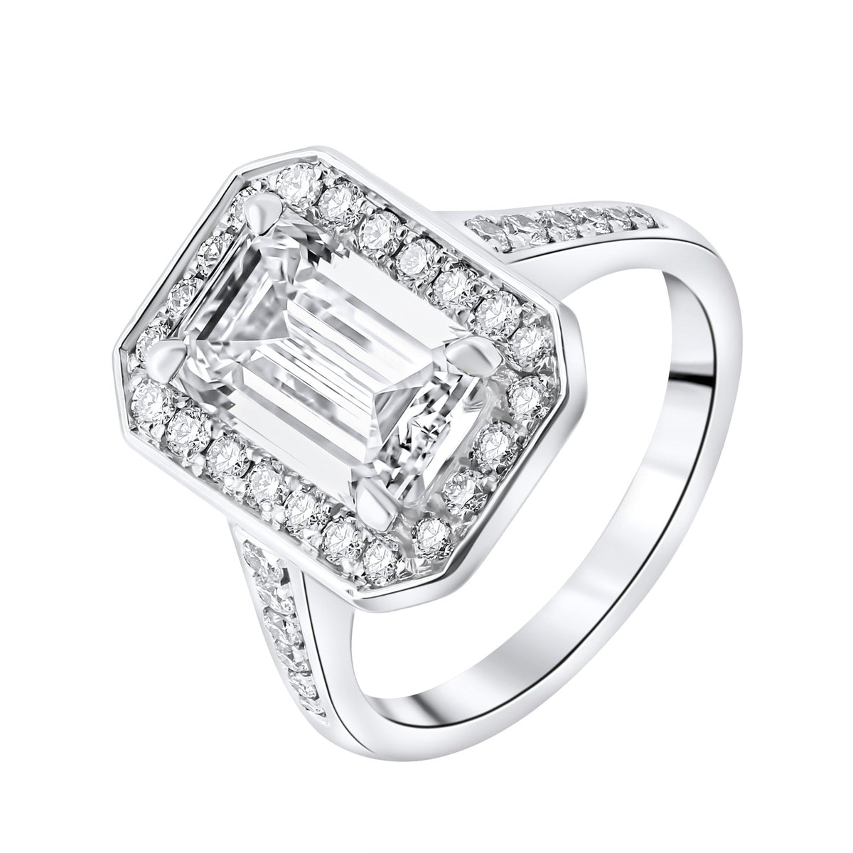 Lab grown platinum 3.03ct D VVS2 emerald cut diamond halo ring