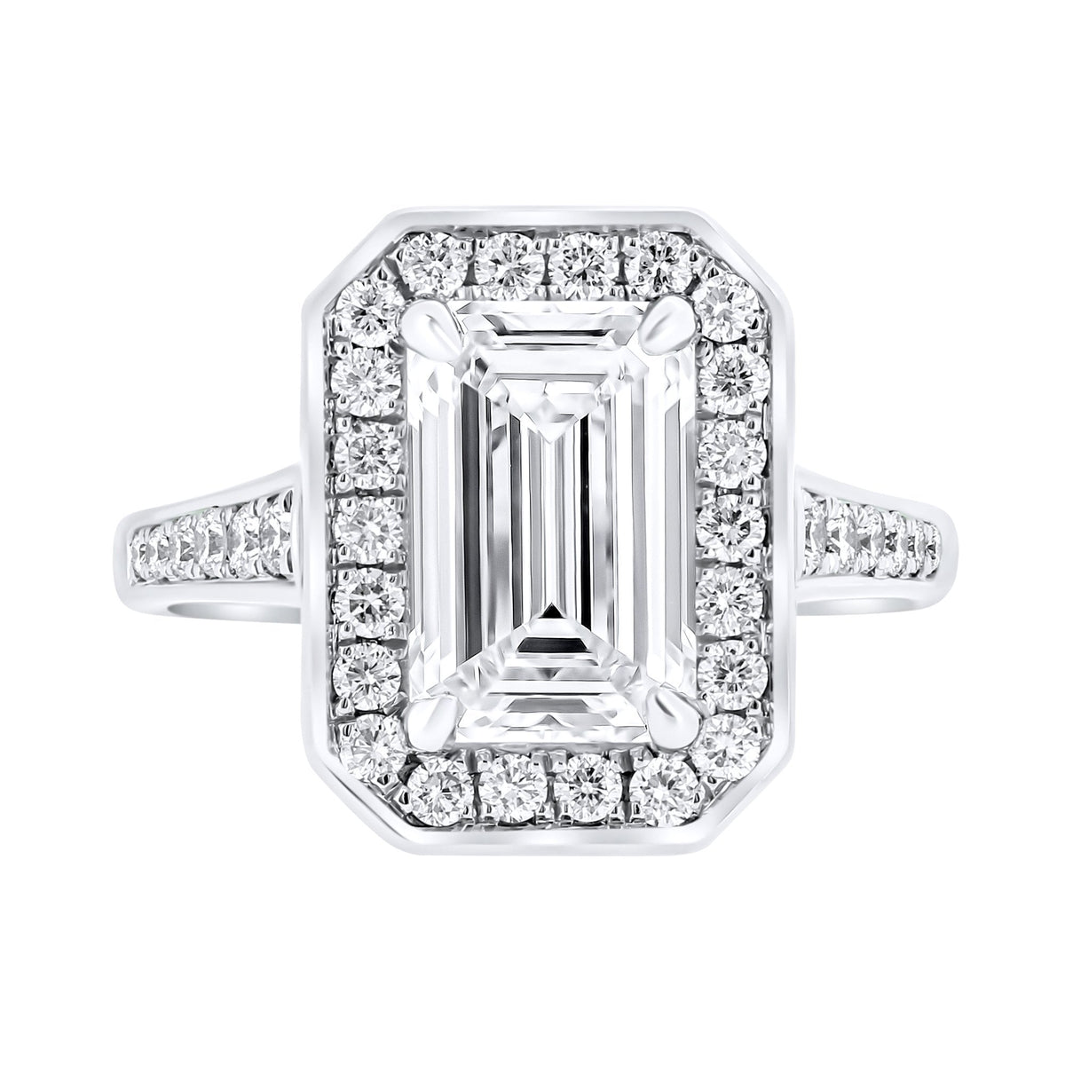 Lab grown platinum 3.03ct D VVS2 emerald cut diamond halo ring