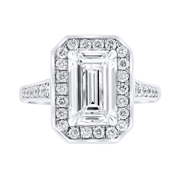 Lab grown platinum 3.03ct D VVS2 emerald cut diamond halo ring