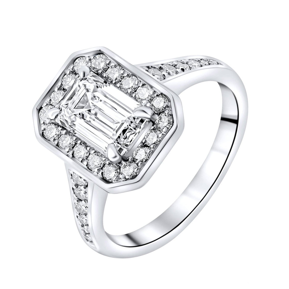 Lab grown platinum 1.56ct D VVS2 emerald cut diamond halo ring