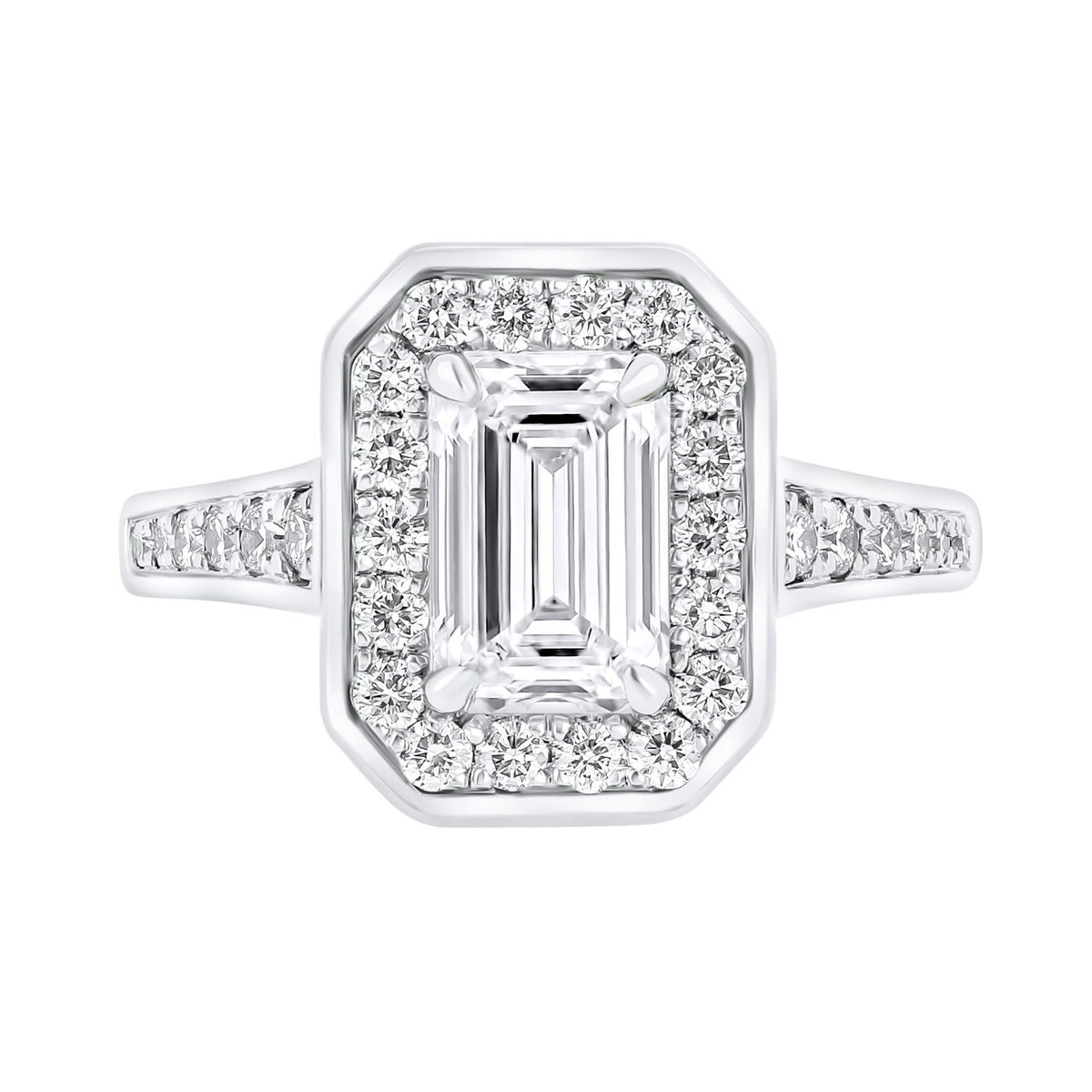 Lab grown platinum 1.56ct D VVS2 emerald cut diamond halo ring