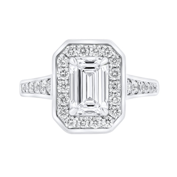 Lab grown platinum 1.56ct D VVS2 emerald cut diamond halo ring