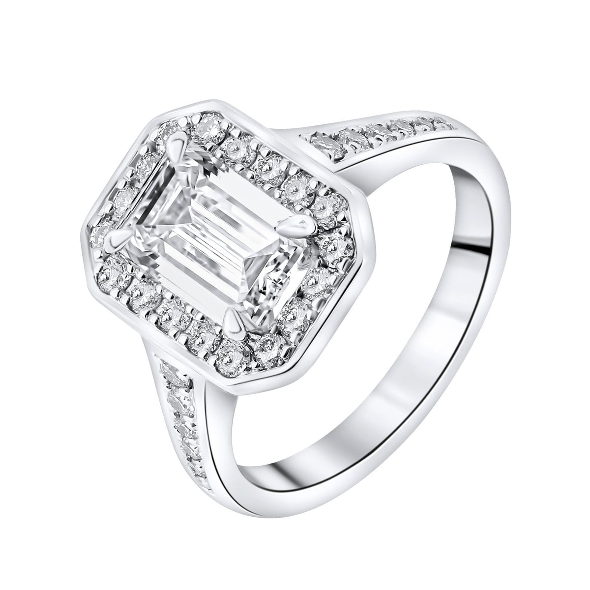 Lab grown platinum 2.00ct D VVS2 emerald cut diamond halo ring