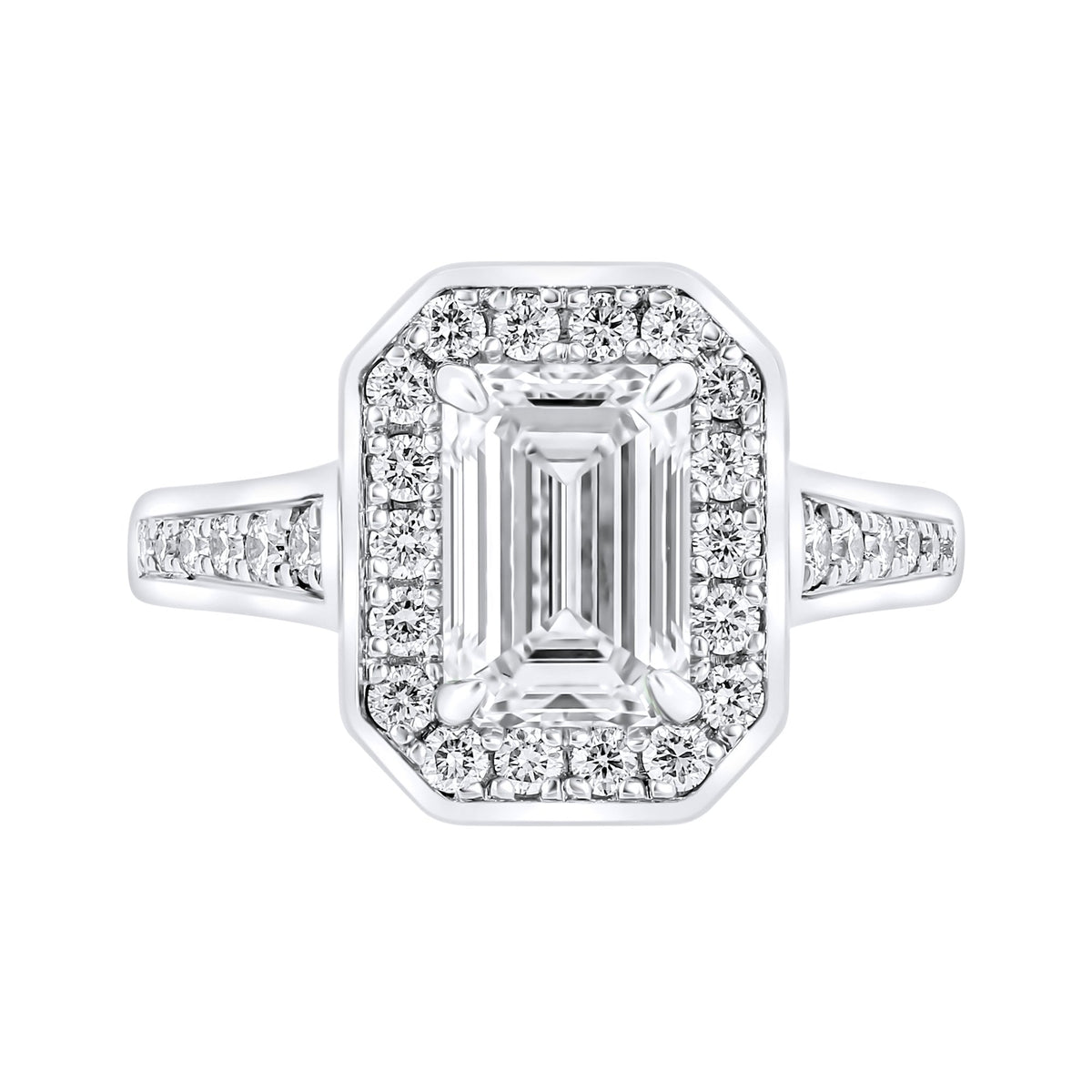 Lab grown platinum 2.00ct D VVS2 emerald cut diamond halo ring