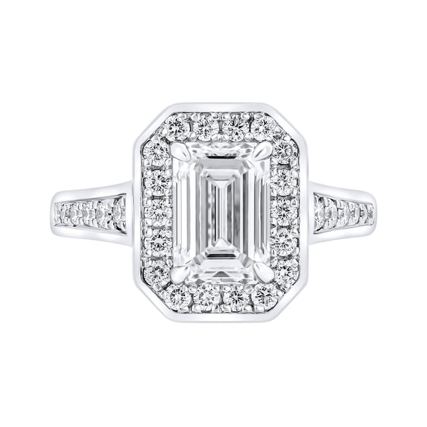 Lab grown platinum 2.00ct D VVS2 emerald cut diamond halo ring