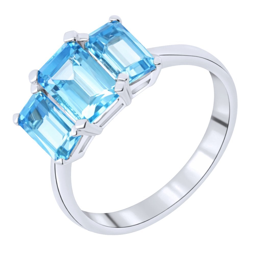 Platinum graduated emerald cut Swiss blue topaz 3 stone ring