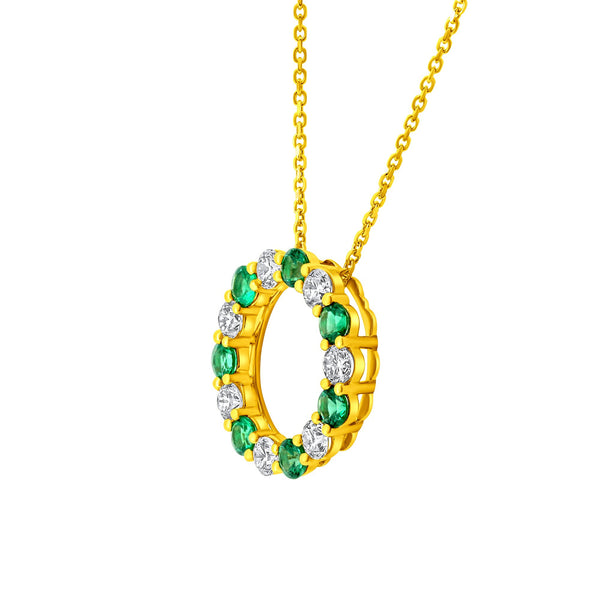 18ct yellow gold 1.00ct emerald 1.04ct diamond circular pendant