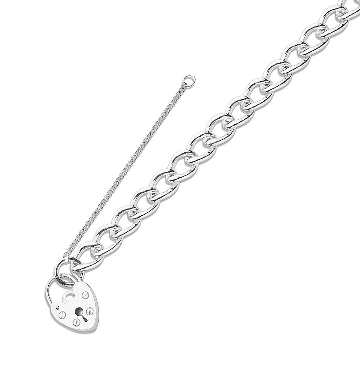 Silver 7" open curb charm & padlock 23g charm bracelet